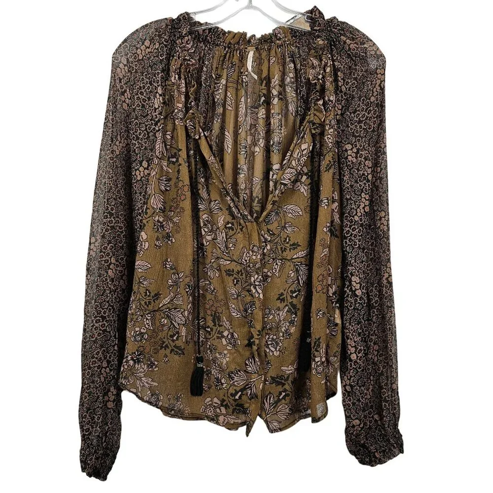 Free People‎ XS Brown Neutral Tone Floral Boho Prairie Cottage Fall Harvest Top